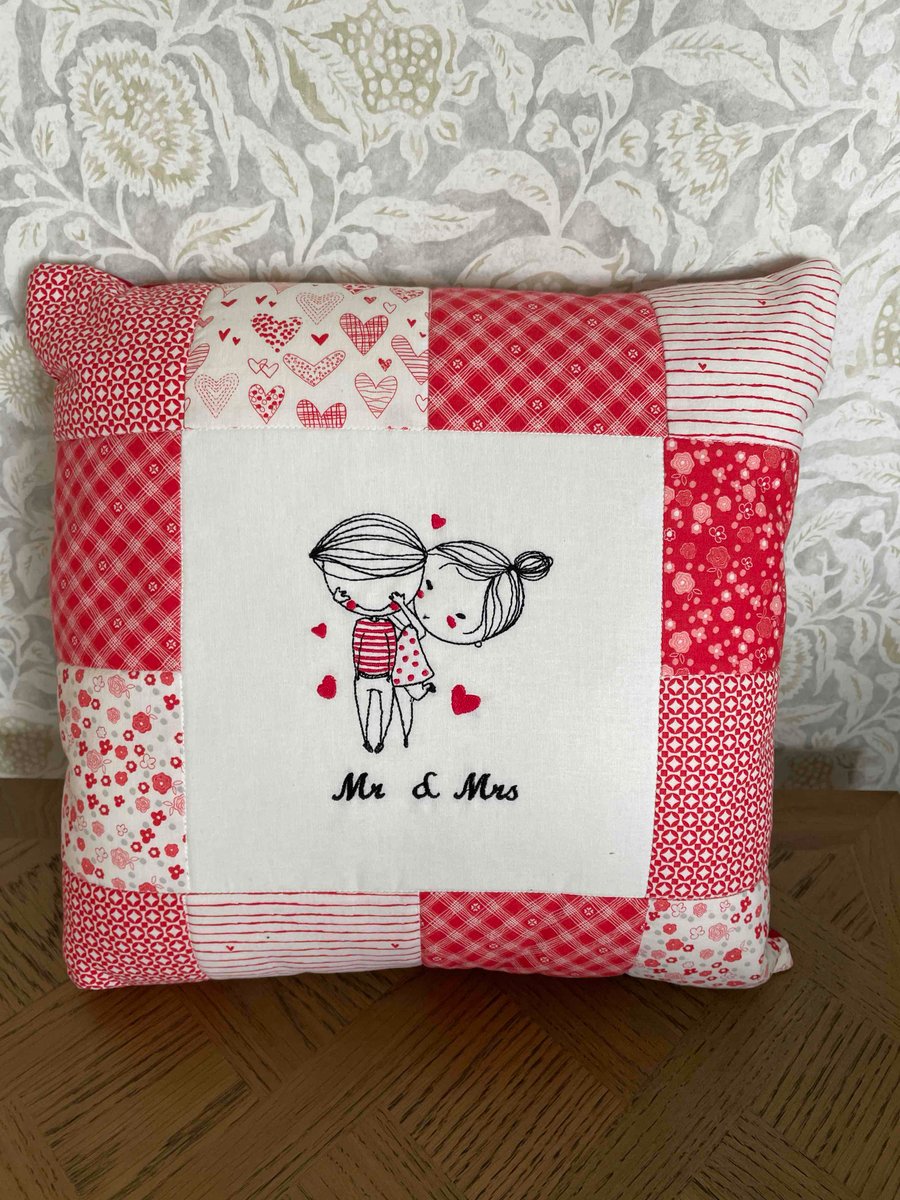 Handmade Embroidered Cushion with Loving Couple