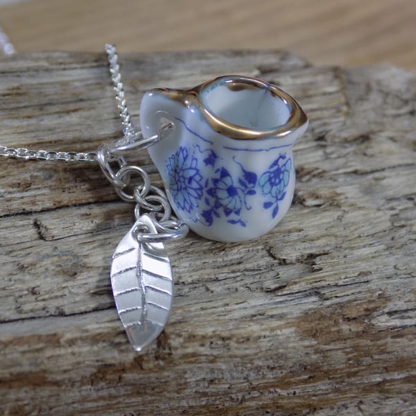 Sterling silver mini jug and leaf pendant ,necklace 