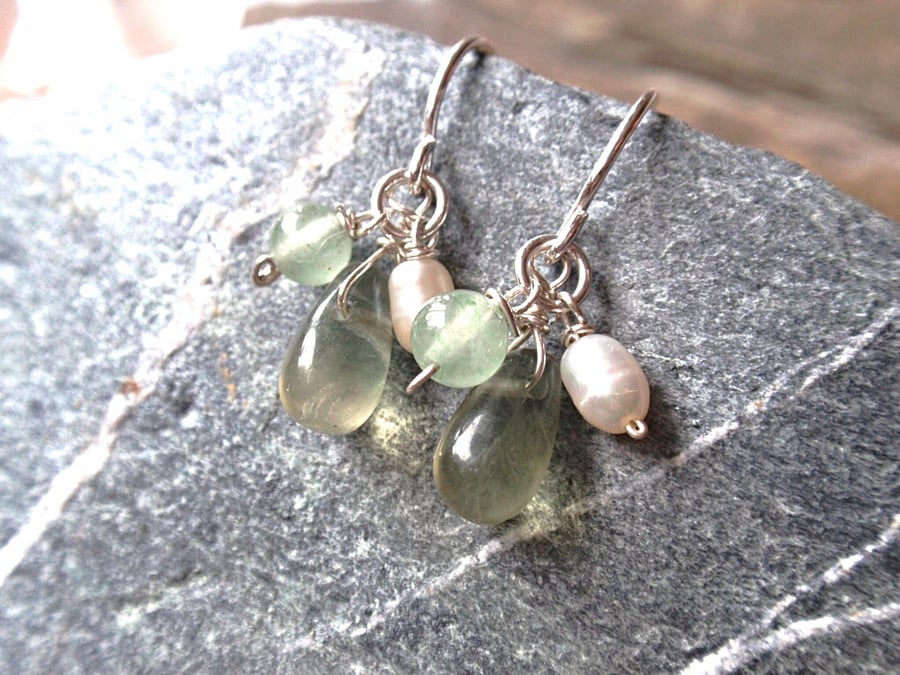Green fluorite gemstone earrings with aventurine and freshwater pearls, cluster