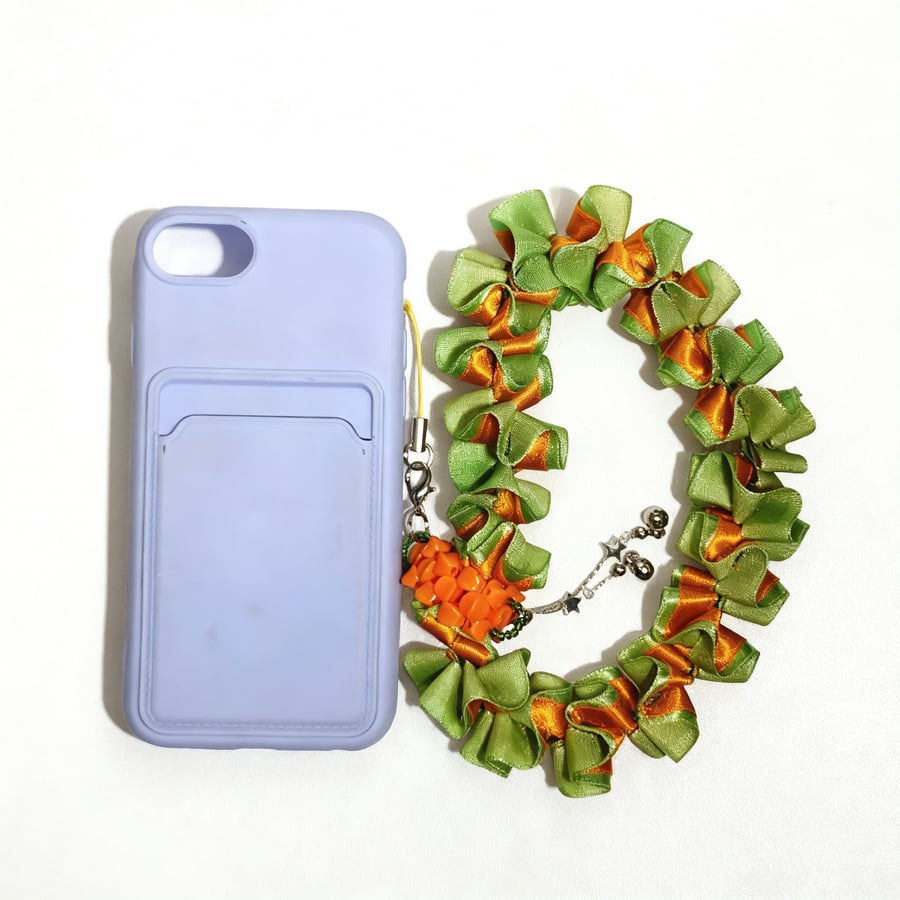 Handmade Orange Blossom & Green Satin Ribbon Phone Strap