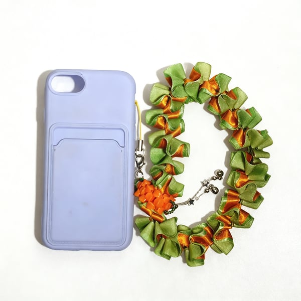 Handmade Orange Blossom & Green Satin Ribbon Phone Strap