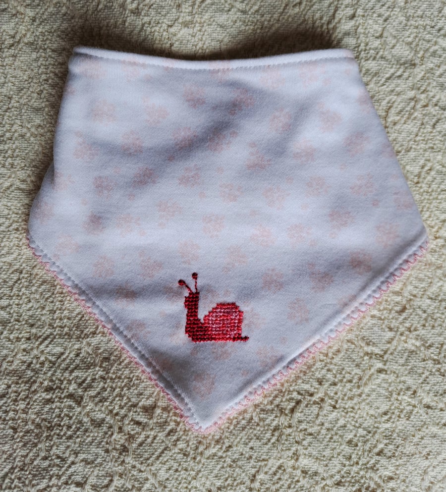 Pink Snail, Dribble Bib, hand embroidered