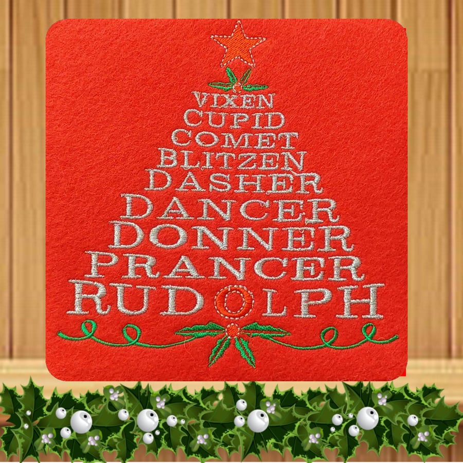 Reindeer Names Silver Christmas card Embroidered Design. Hand crafted 