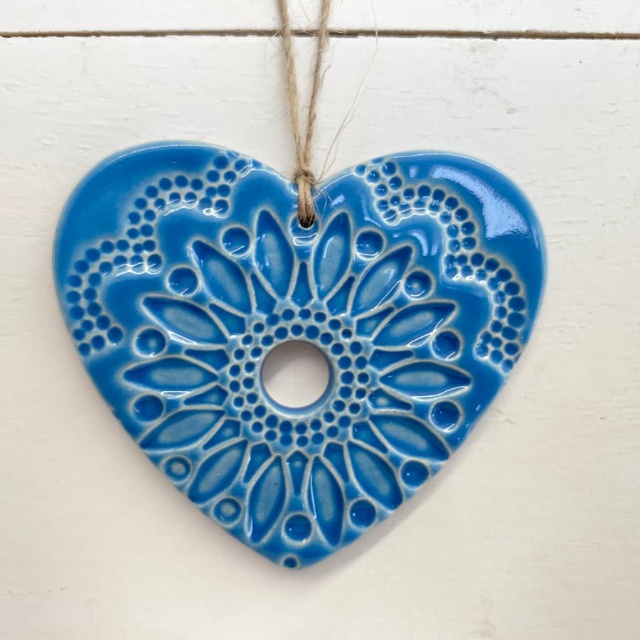 Pottery heart hanging decoration Blue