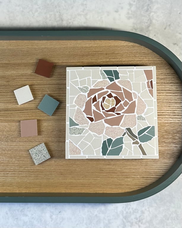 Mosaic Floral Art - Pink Rose Mosaic Wall Plaque in White