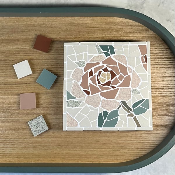 Mosaic Floral Art - Pink Rose Mosaic Wall Plaque in White