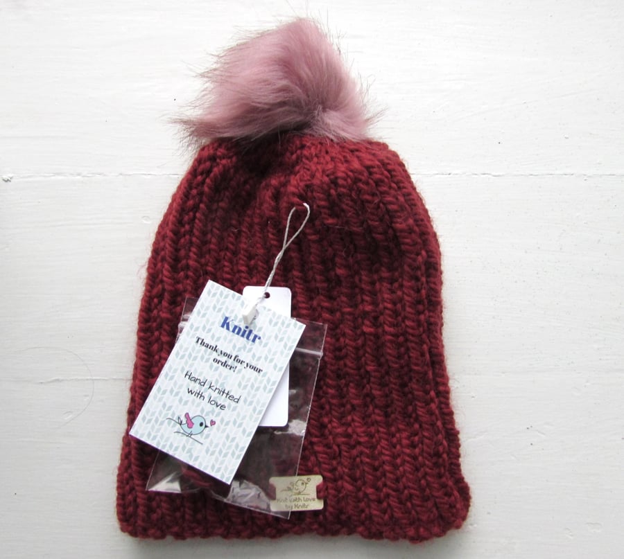 Super chunky rib beanie, red, alpaca and wool, M size