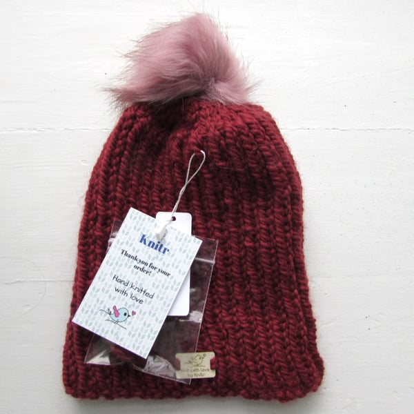 Super chunky rib beanie, red, alpaca and wool, M size