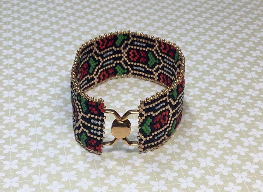 Delica Beaded Peyote Stitch Cuff Bracelet with Rose Design