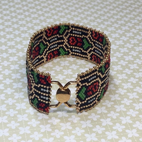 Delica Beaded Peyote Stitch Cuff Bracelet with Rose Design