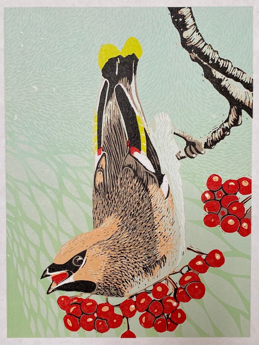  Waxwing and Rowan berries II - Handmade Limited Edition Lino Print 