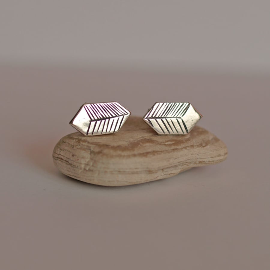 Silver Geometric Hexogon Cube Stud Earrings