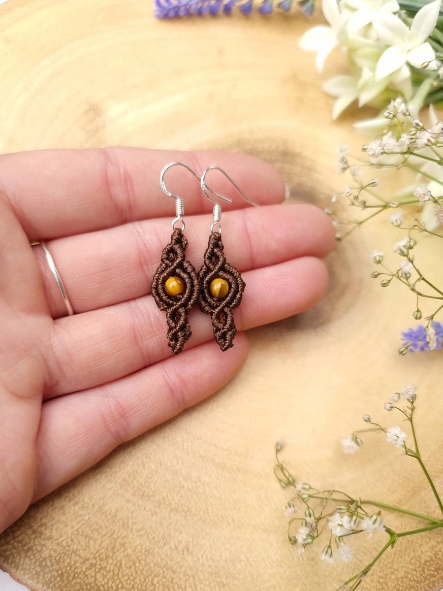 Dainty Tigers Eye Gemstone Earrings, Macrame earrings 
