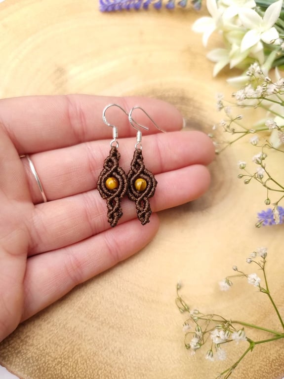 Dainty Tigers Eye Gemstone Earrings, Macrame earrings 