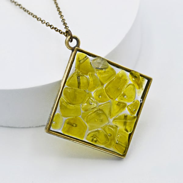 Yellow Jade Brass plated Square Worry Stone Necklace - Free Postage