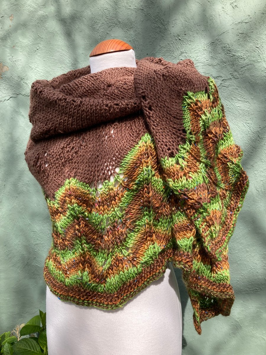 Brown and Bold Green Handknitted Crescent Lace Shawl 
