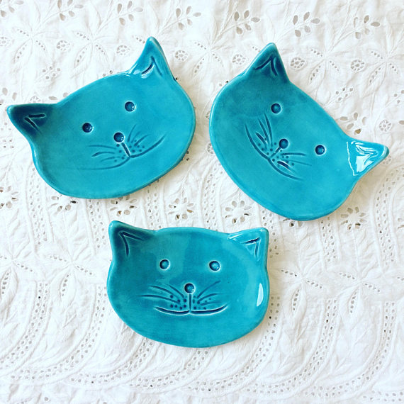 Ceramic Cat Face Trinket Dish - Turquoise - Soap dish