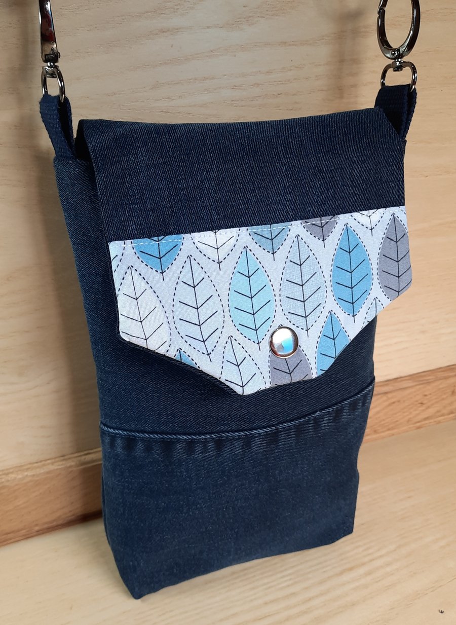 Dark-Blue Denim Cross Body Bag With Pale Blue  & Grey Lining