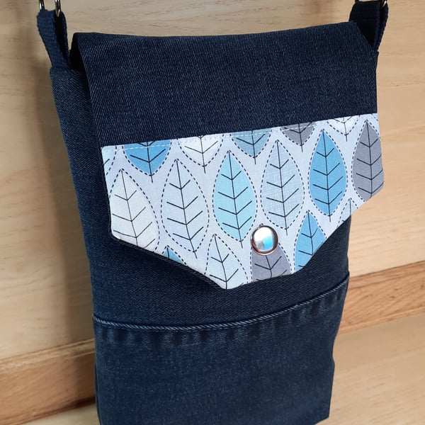 Dark-Blue Denim Cross Body Bag With Pale Blue  & Grey Lining