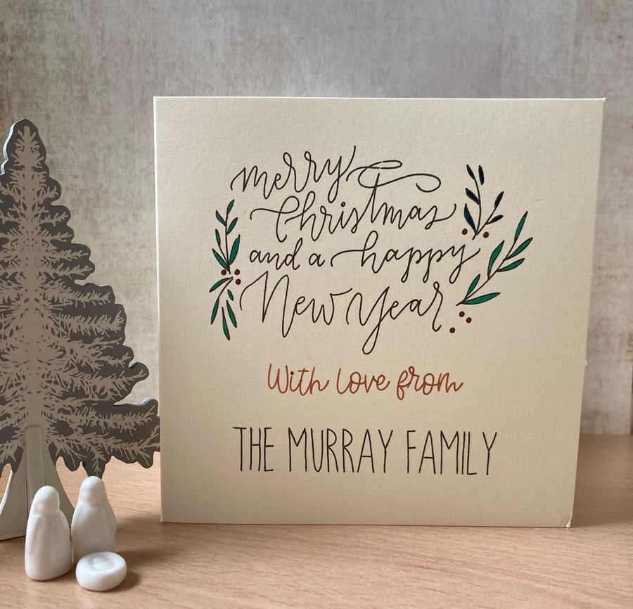 Family Christmas Card - personalised card - seasonal foliage