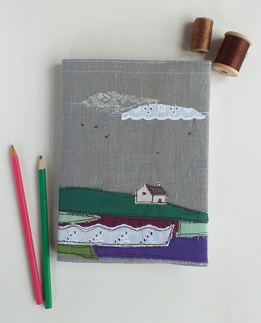 A5 Hardback Notebook with Embroidered Cottage on a Removable Cover