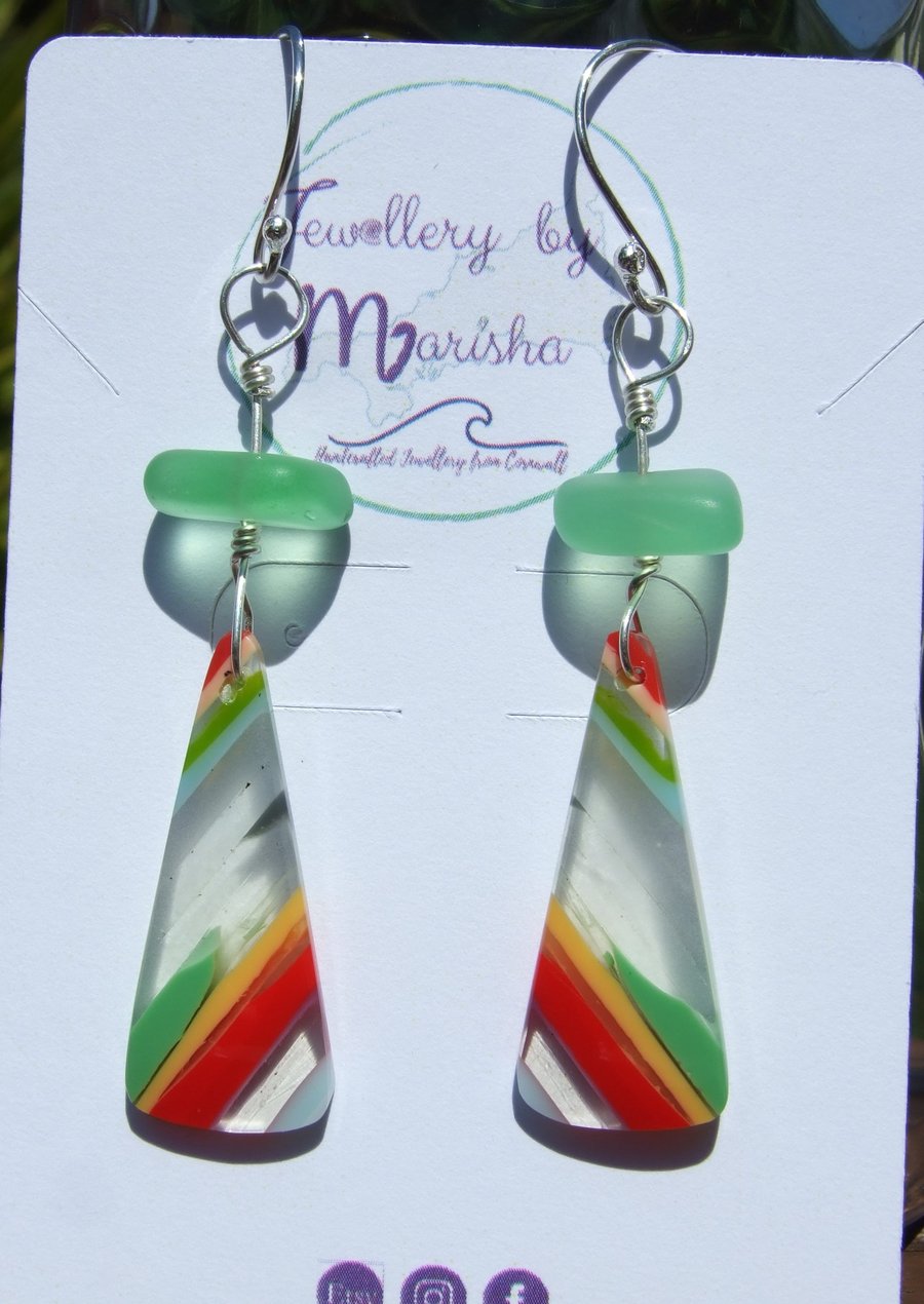 Surfite & Sterling Silver Wire-Wrapped Dangly Earrings with Green Seaglass