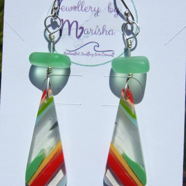 Surfite & Sterling Silver Wire-Wrapped Dangly Earrings with Green Seaglass