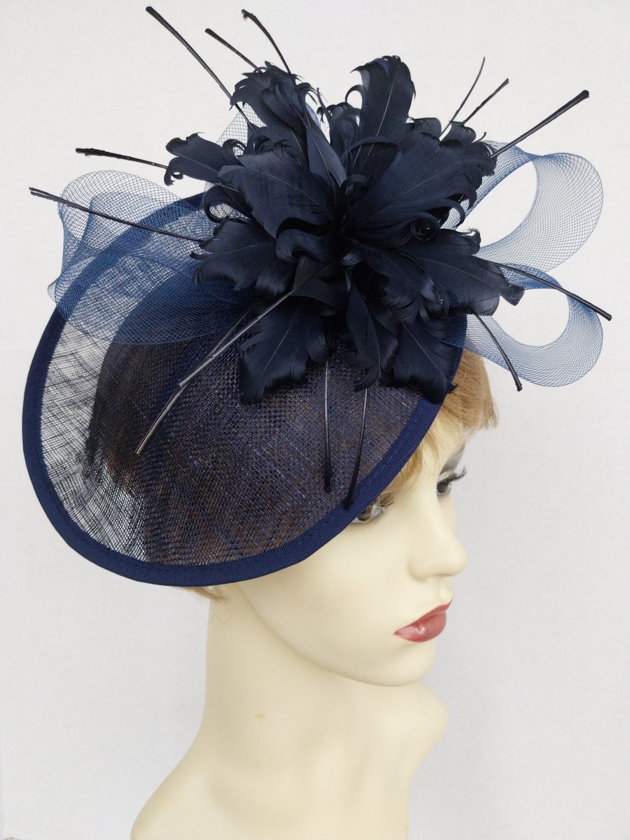 Liz Navy sinamay disc fascinator or hatinator with feather flower