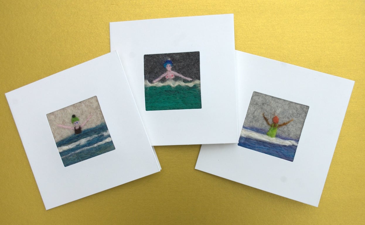 Hand-felted cards of swimmers - set