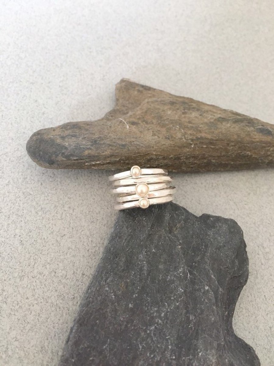 Pearl Stacking Rings - Pearl Ring - Silver Stackable Rings