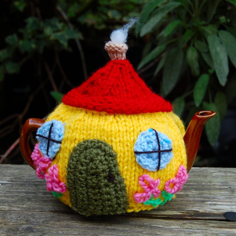Knitted tea cosy - Fairy cottage design  to fit a one two cup teapot