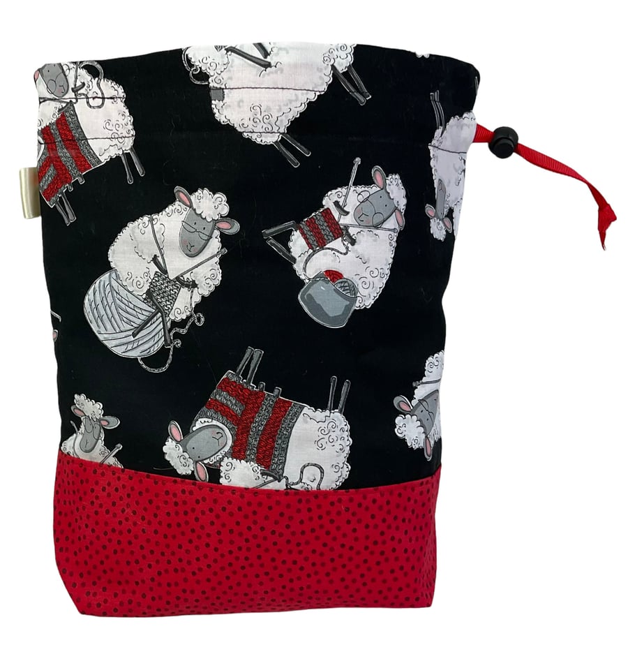 two at a time knitting bag with sheep, sock sack, drawstring divided pouch, shoe