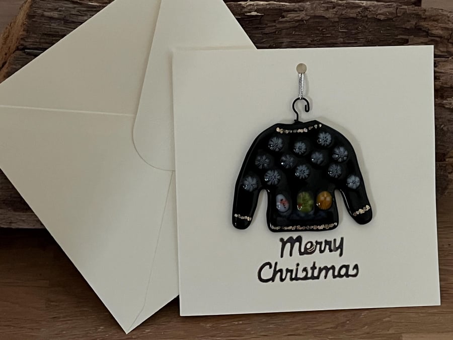 Handmade Detachable Keepsake, Fused Glass Christmas Jumper Christmas Card