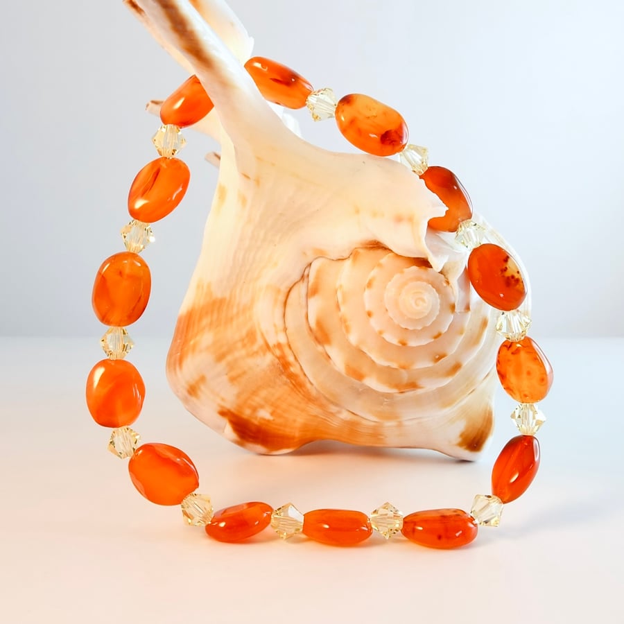 Carnelian Bracelet With Swarovski Crystals - Handmade In Devon