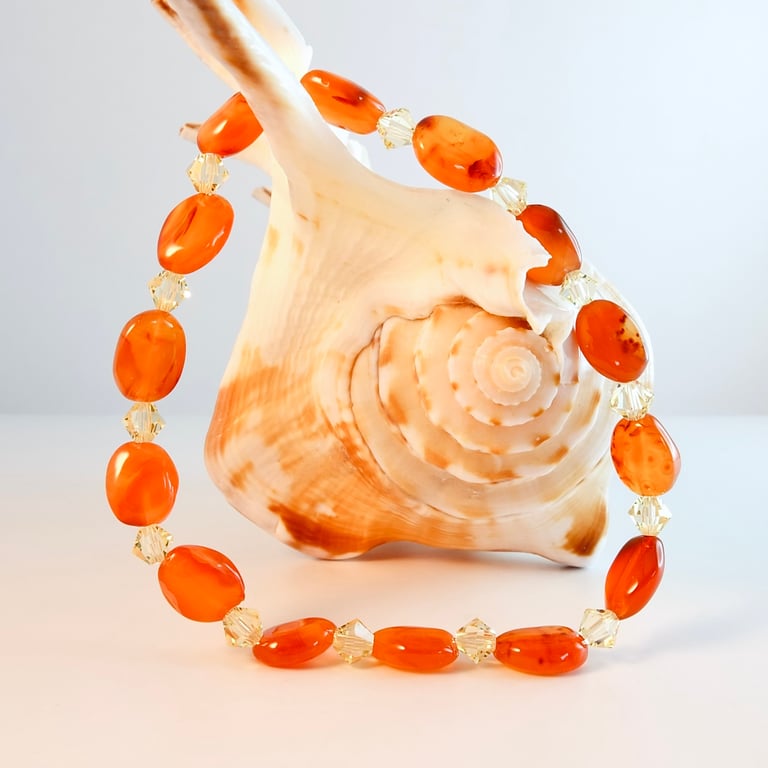 Carnelian Bracelet With Swarovski Crystals - Handmade In Devon