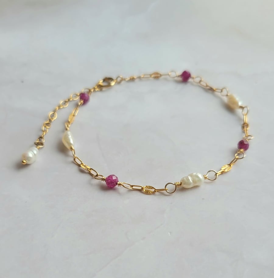 Ruby and Pearl Bracelet, 14kt Gold Filled Gemstone Chain