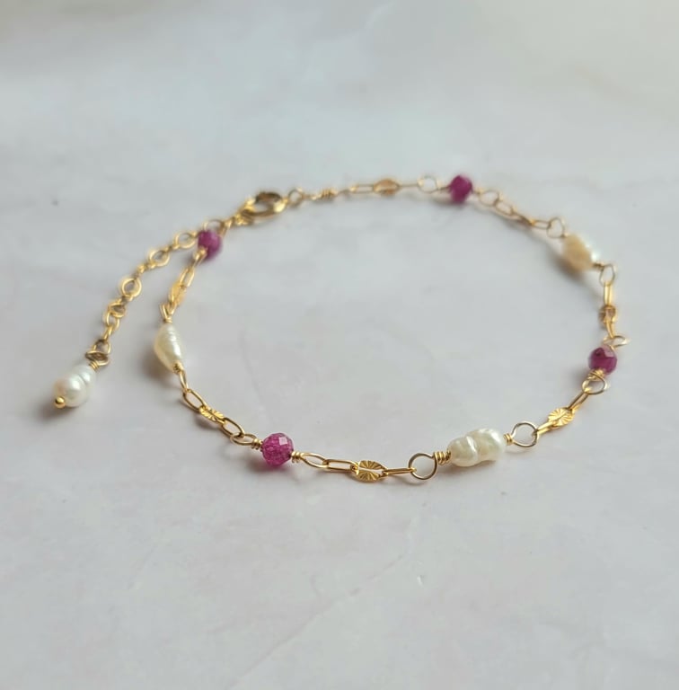 Ruby and Pearl Bracelet, 14kt Gold Filled Gemstone Chain