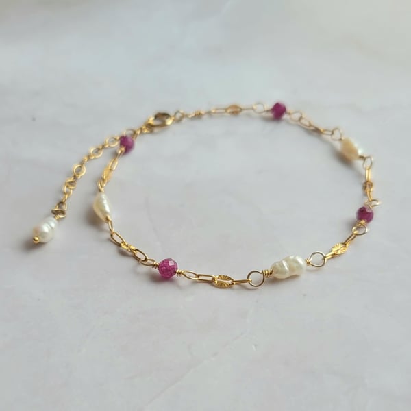 Ruby and Pearl Bracelet, 14kt Gold Filled Gemstone Chain