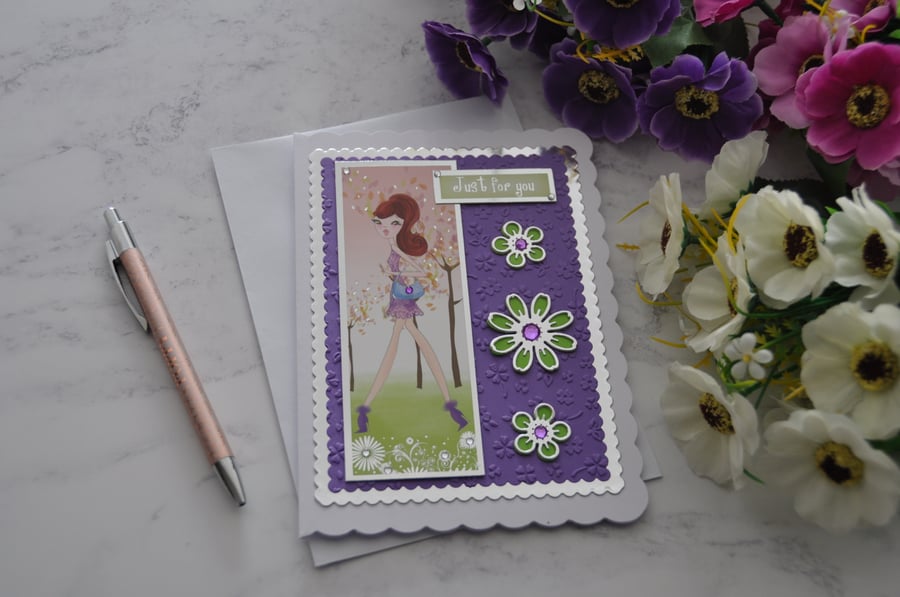 Just For You Card Purple Dress Birthday Card Elegant Young Girl Brunette 3D Card