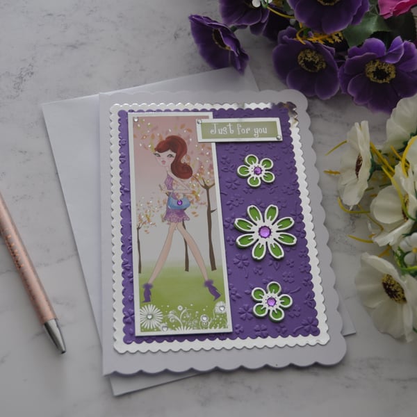 Just For You Card Purple Dress Birthday Card Elegant Young Girl Brunette 3D Card