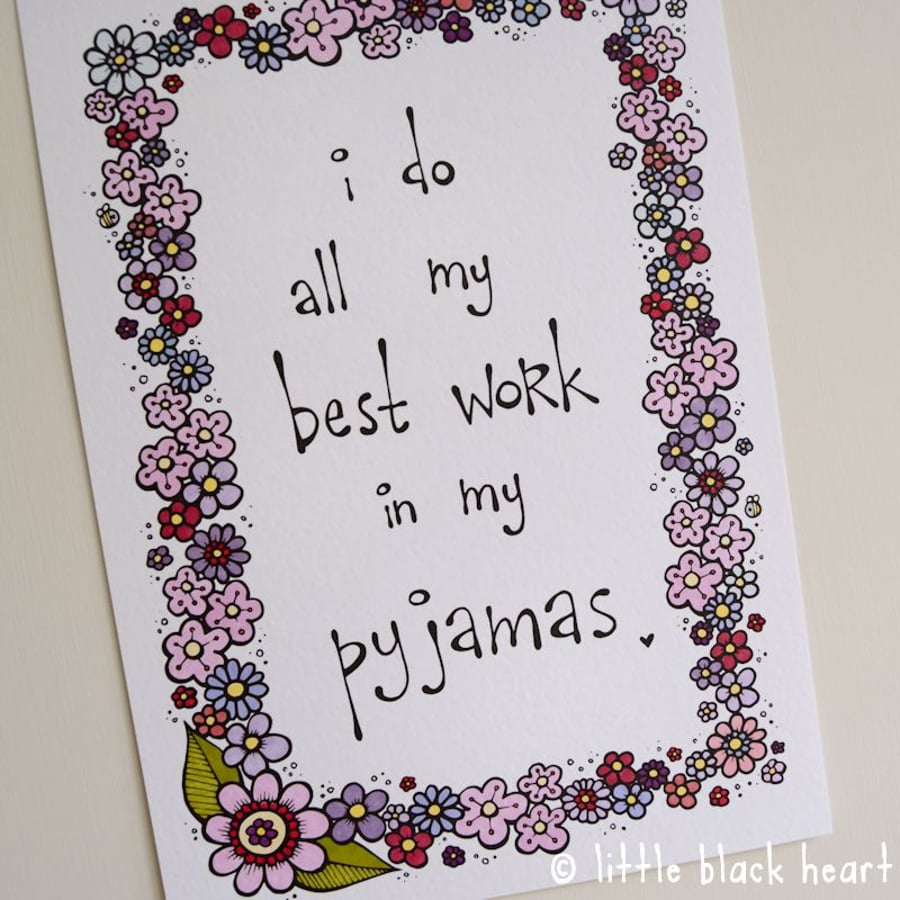 pyjama work - hand coloured print - pink (A4) - Folksy