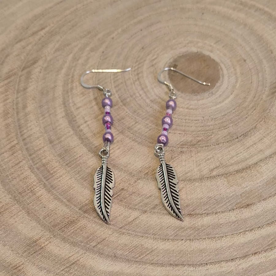 Sterling silver purple feather earrings, festival jewellery (EAR-0017)