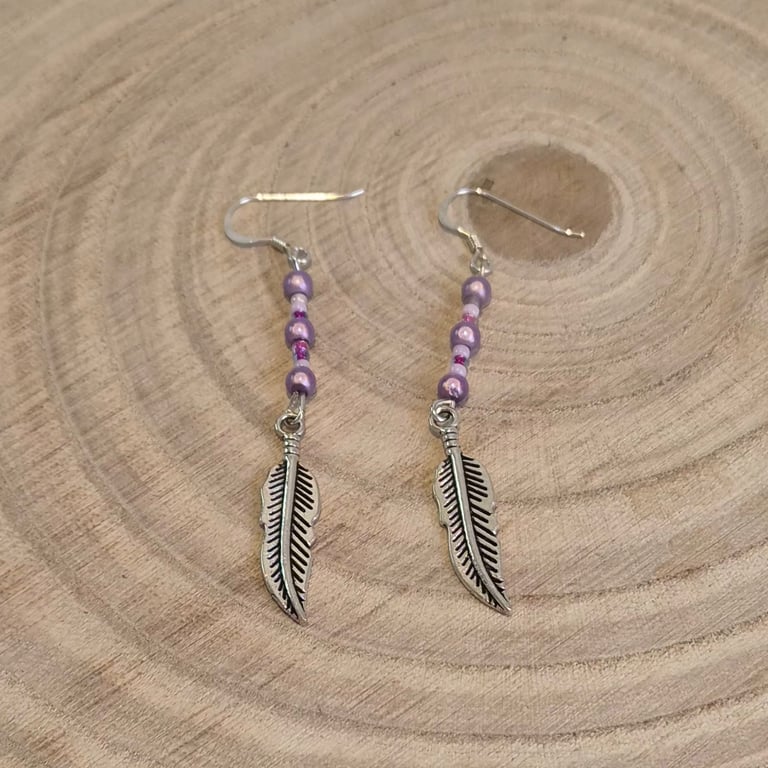 Sterling silver purple feather earrings, festival jewellery (EAR-0017)
