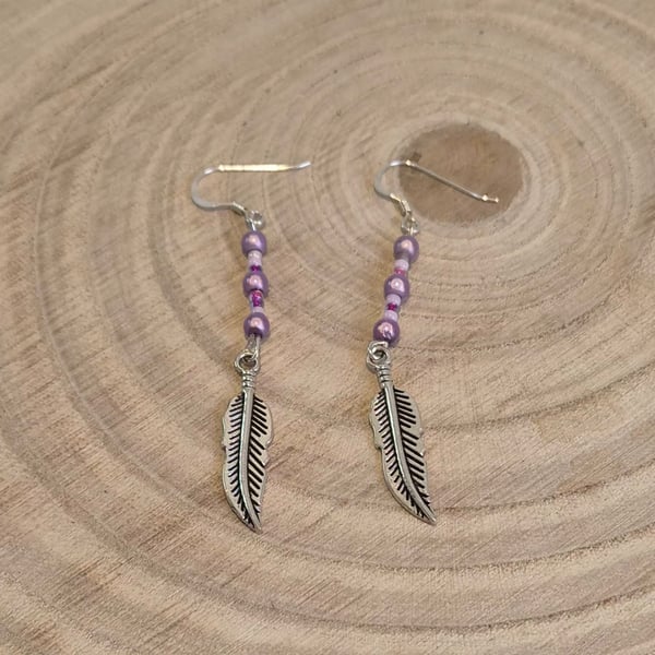 Sterling silver purple feather earrings, festival jewellery (EAR-0017)