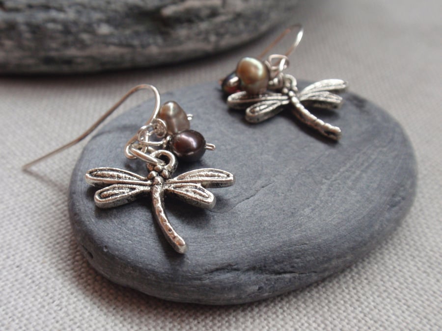 Silver Dragonfly Earrings with brown grey freshwater pearls