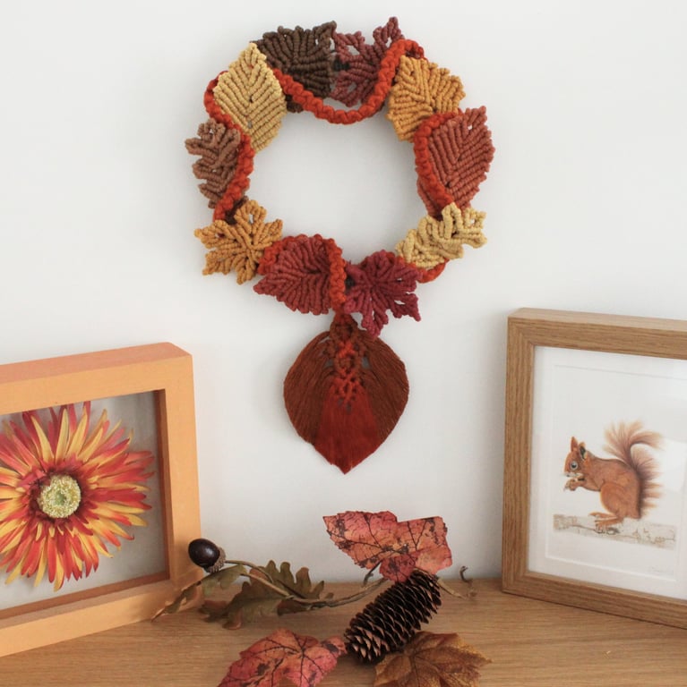 Macrame autumn wreath, autumn leaves,