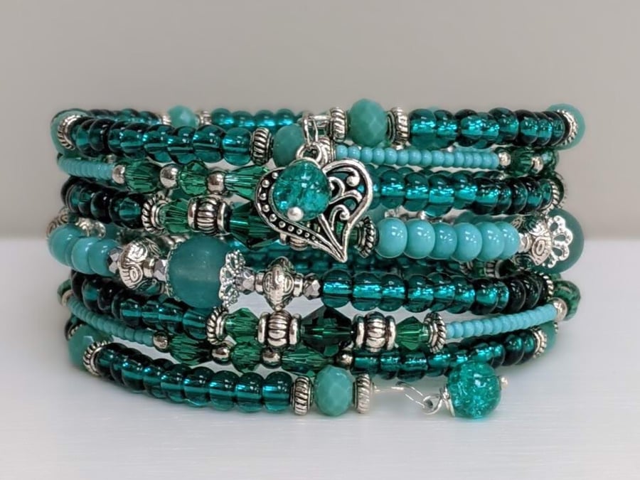 Memory Wire Bracelet in Teal and Silver,  Stacked Cuff Beaded Bangle