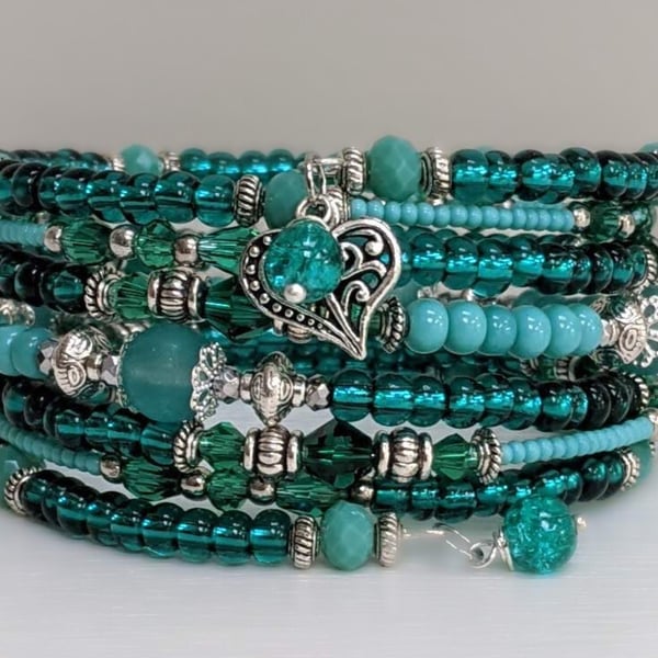 Memory Wire Bracelet in Teal and Silver,  Stacked Cuff Beaded Bangle