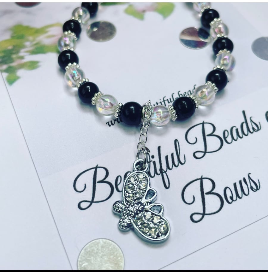 Butterfly ab crystal beaded stretch bracelet adult and kids size rhinestone 