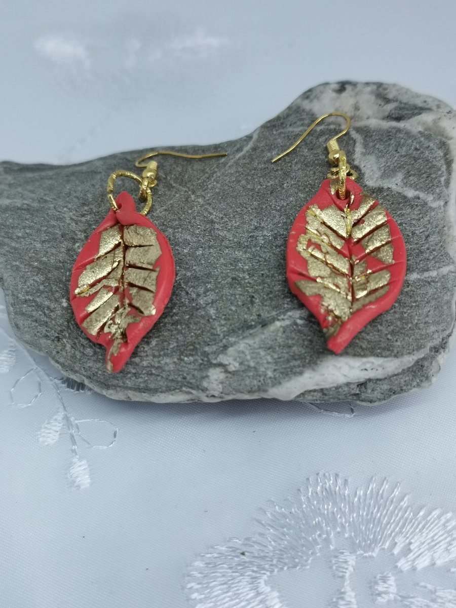 Statement Autumn Leaf Earrings With Gold Leaf Embellishment. Handcrafted